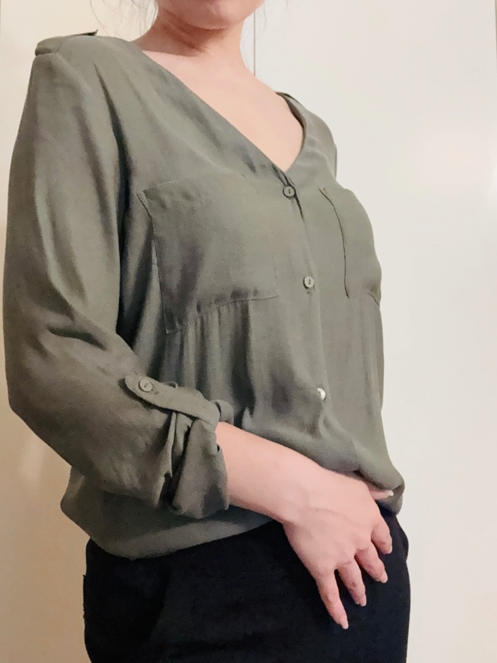 Olive Green v neck button down flowy top - Sz 2 / XS